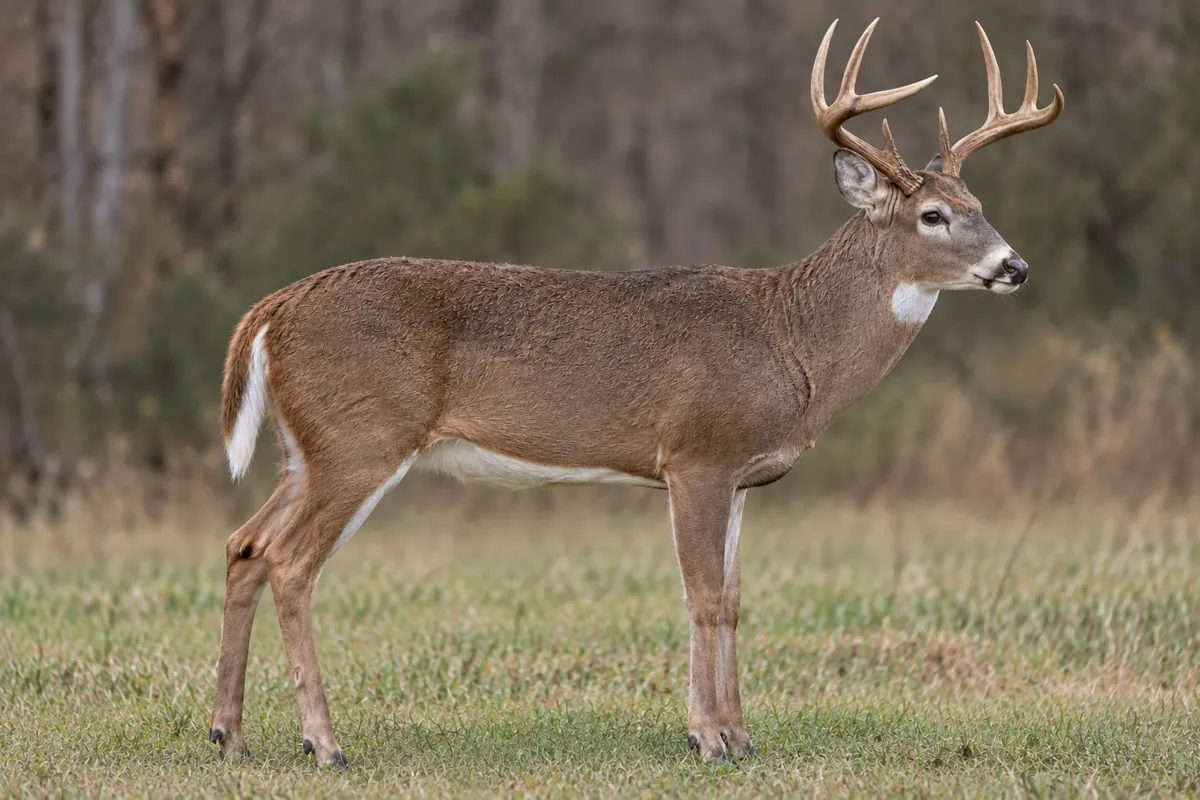 Whitetail buck broadside with anatomical labels