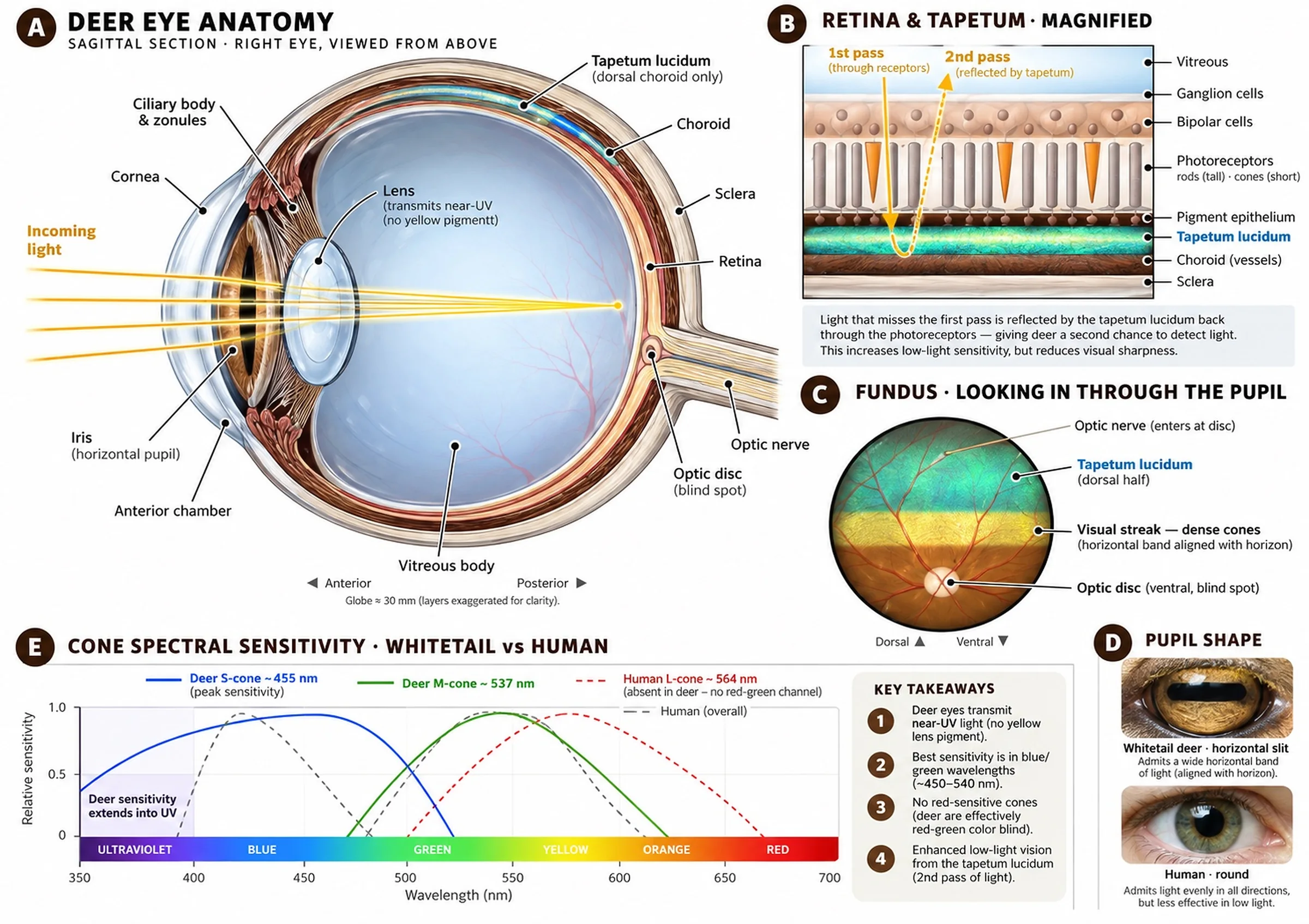 Whitetail eye anatomy: sagittal section, retina and tapetum, fundus, pupil shape and cone spectral sensitivity