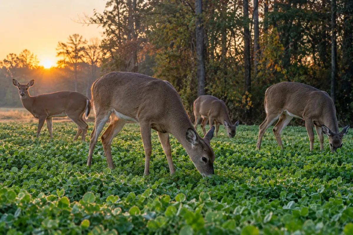 Whitetail deer feeding in a clover food plot at sunrise