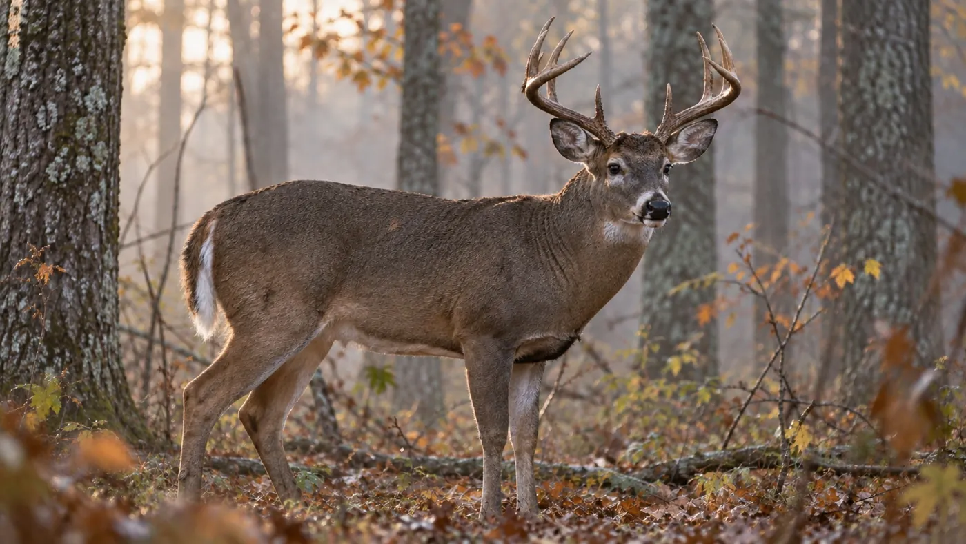 Mature whitetail buck in open hardwoods at dawn