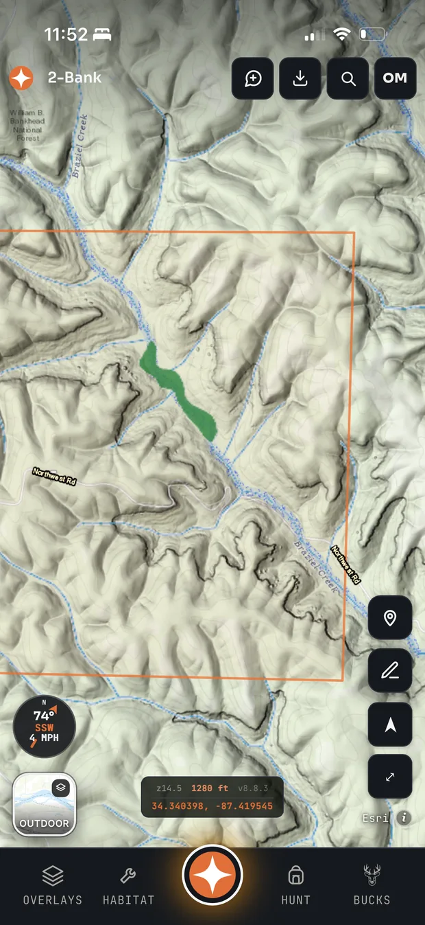 USGS 3DEP lidar hillshade over the Esri Outdoor topo basemap in Contors, with a property boundary