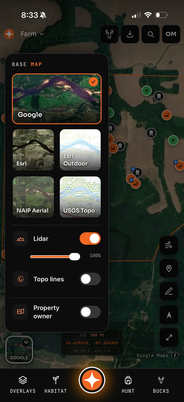 The Contors base map panel showing which layers are free and which are paid