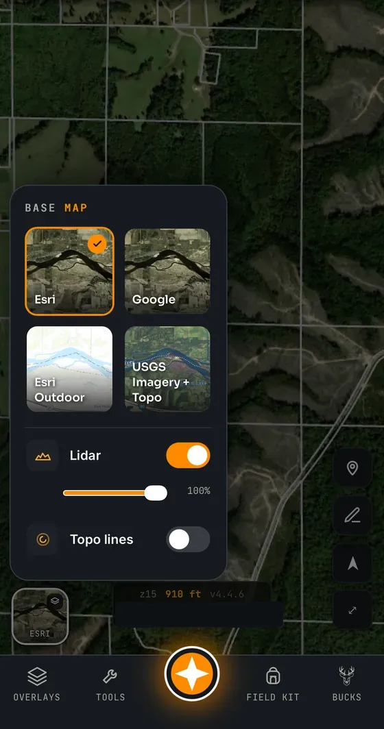 Base map picker with Esri, Google, Esri Outdoor and USGS Imagery Topo plus a Lidar hillshade toggle