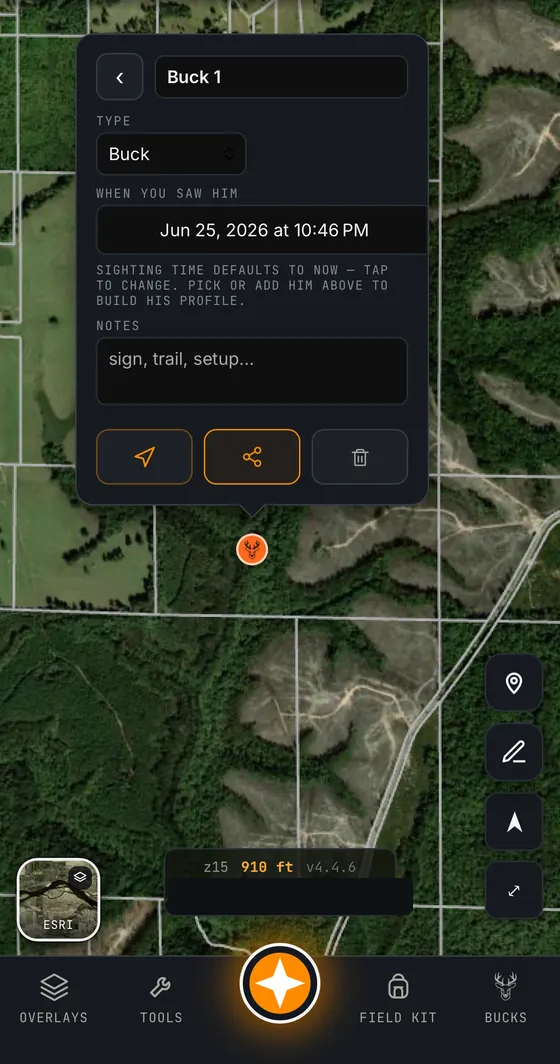 Buck sighting detail: log when you saw him, add notes, and build his profile over the season