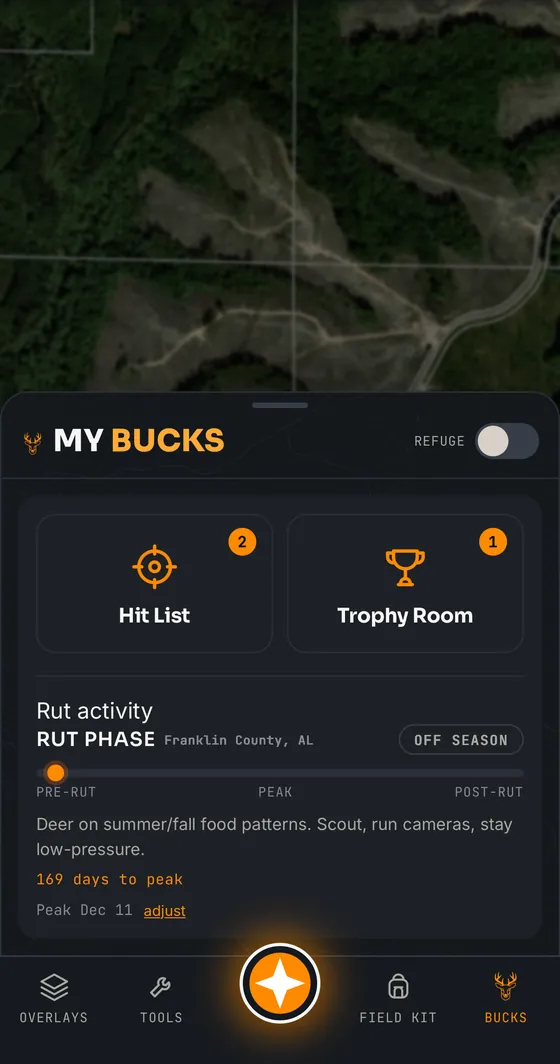 My Bucks hub with a hit list, trophy room, and a live rut phase tracker