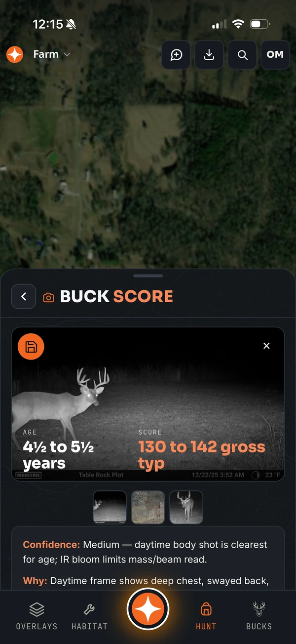 Contors Buck Score showing an AI age and gross score estimate from a trail camera photo