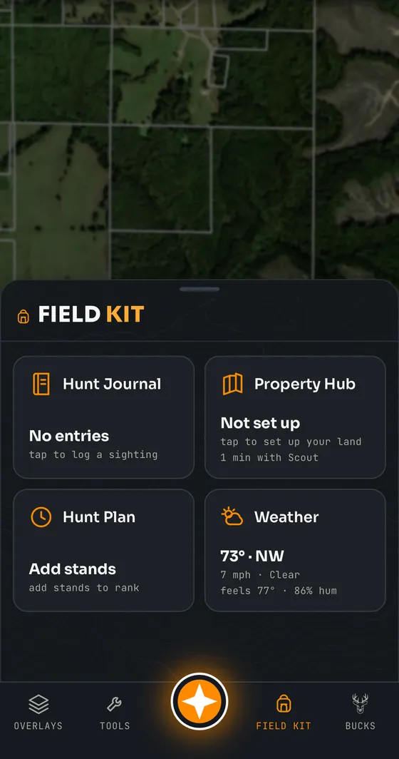 Field Kit hub with hunt journal, property hub, hunt plan and weather cards