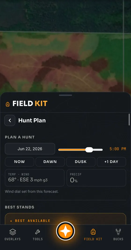 Hunt Plan: pick a date and time and Contors ranks your best stands for that hour's forecast