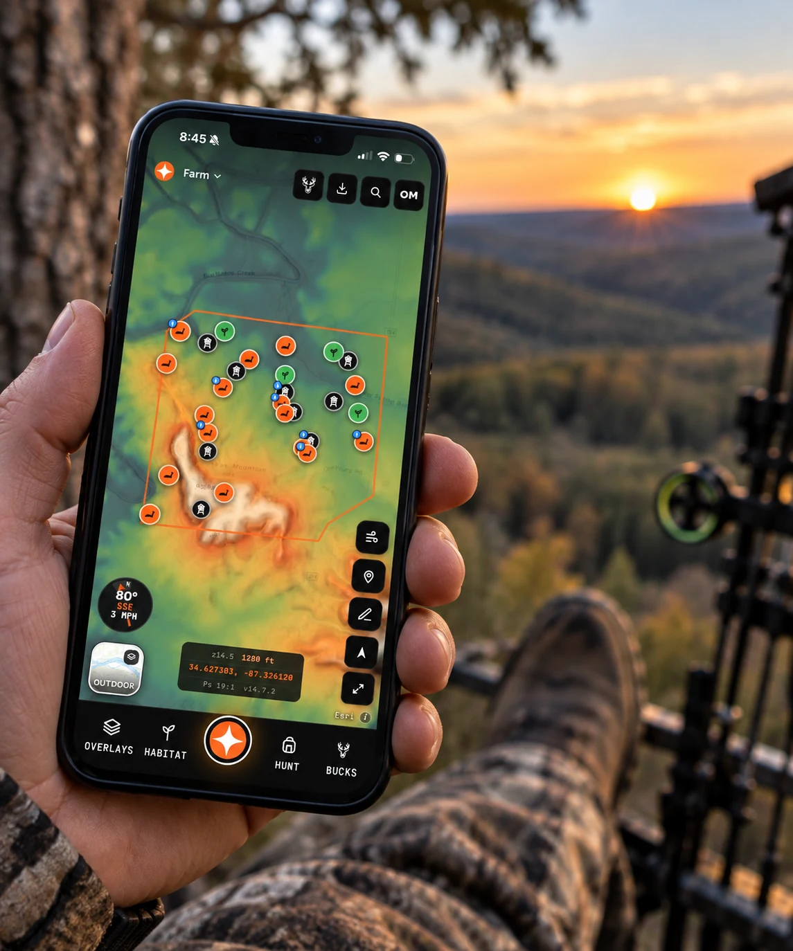 A hunter in a treestand at sunrise holding a phone running Contors, showing Terrain Heat elevation shading over a mapped property with stands and sightings