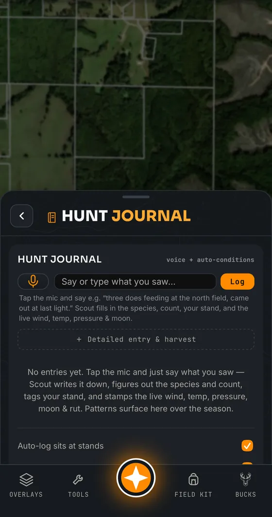 Hunt Journal that logs sightings by voice and auto-stamps the conditions