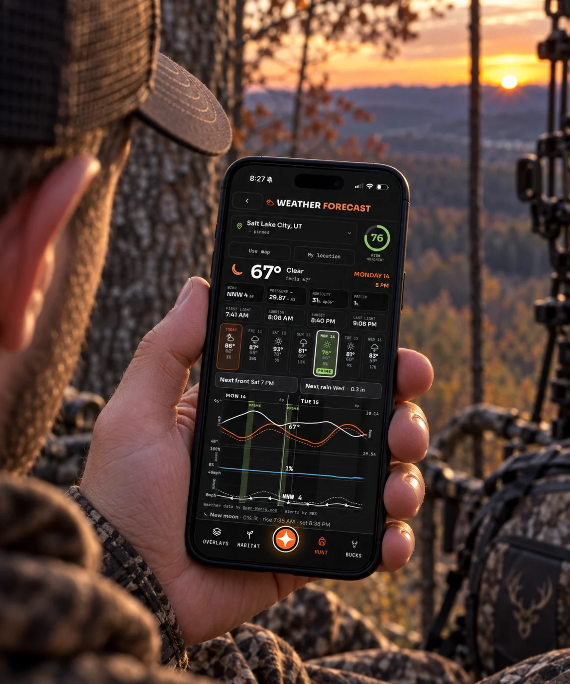 Reading the Contors hunting weather forecast from a treestand at sunset