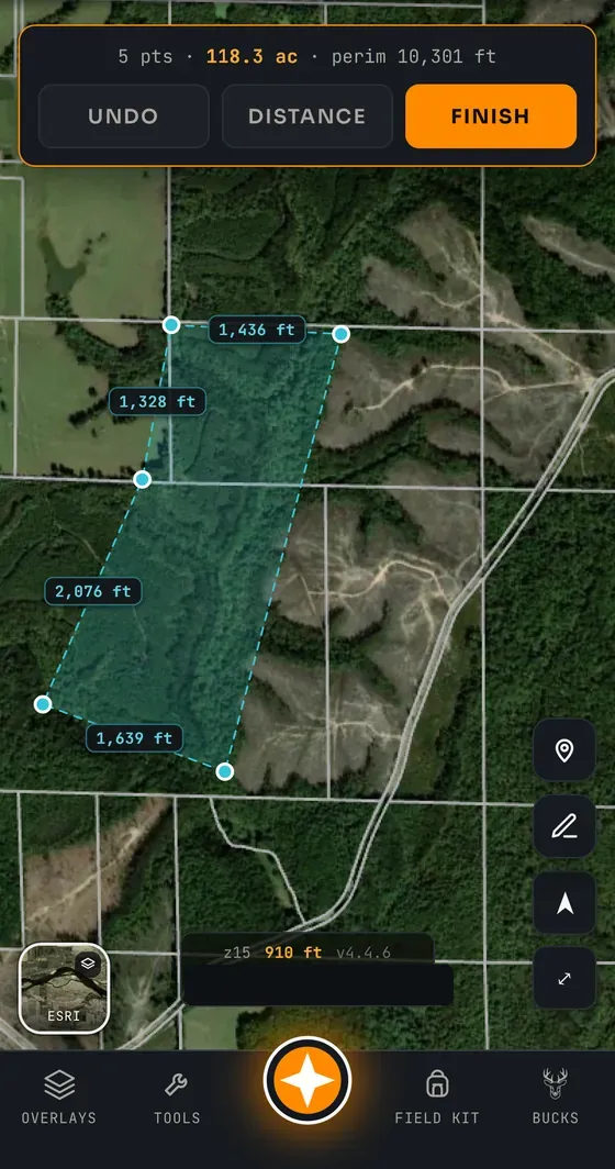 Measuring a tract on the map: 118.3 acres, perimeter, and a distance label on every segment