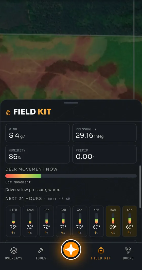 Live weather panel with a Deer Movement Index and an hour-by-hour 24-hour outlook