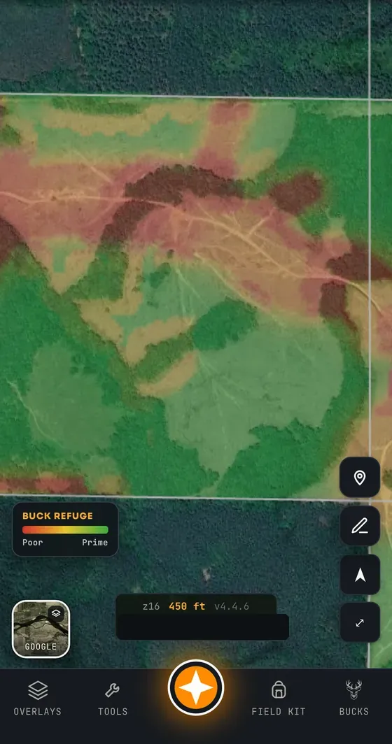 Buck Refuge Model heat map over a property: red where road and trail pressure pushes bucks out, green secure cover where they bed and move in daylight