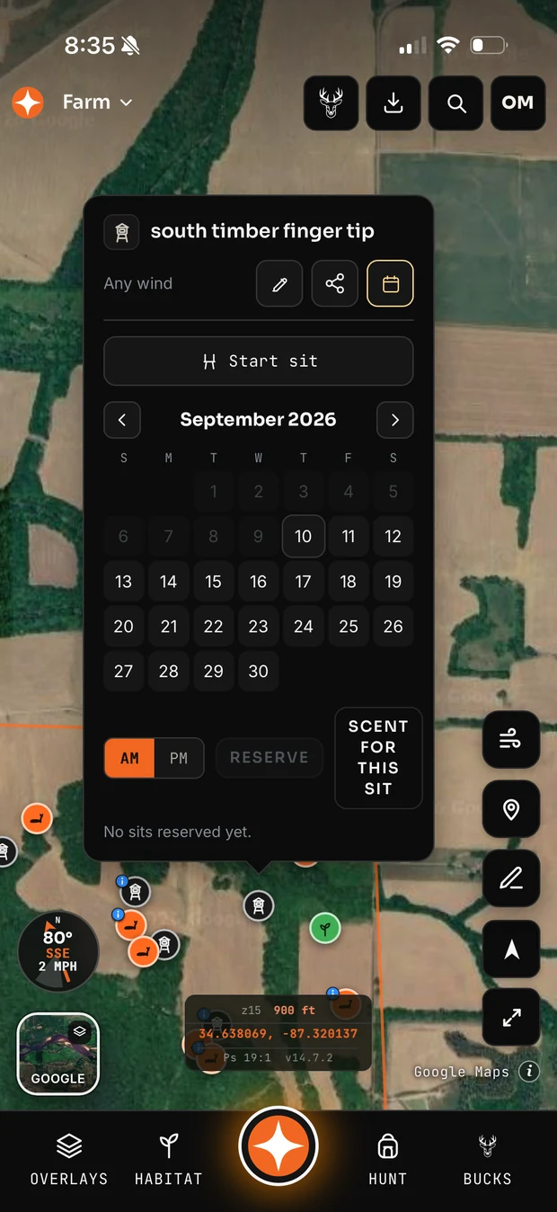 A stand popup with a reservation calendar and a Scent for this sit button