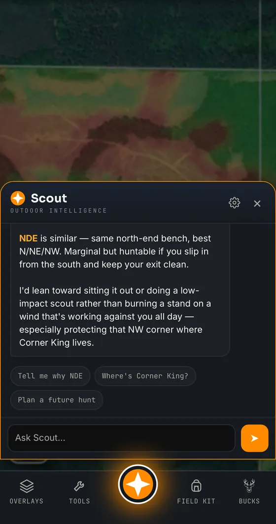 Scout, the Contors AI hunting assistant, recommending where to sit and explaining why
