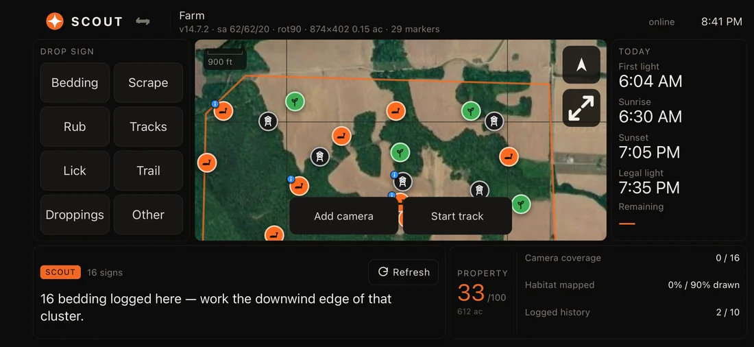Contors Scout Mode dashboard: drop-sign buttons, the property map, first light and sunset times, and a property score with camera coverage and habitat mapped