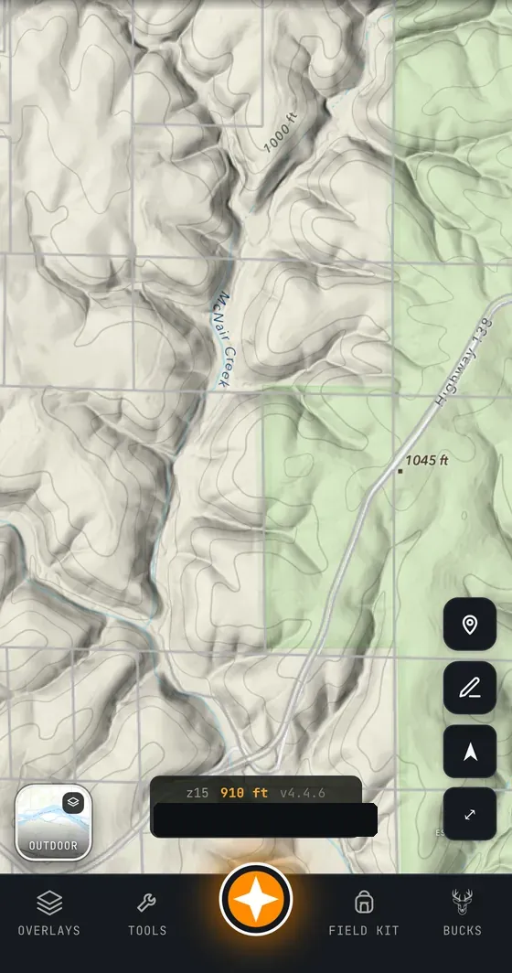 Esri Outdoor topographic map showing contour lines, a creek, and ridges