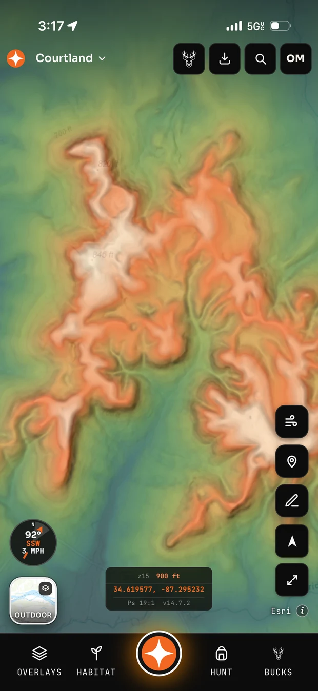 Terrain Heat elevation shading showing a whole ridge system in Contors