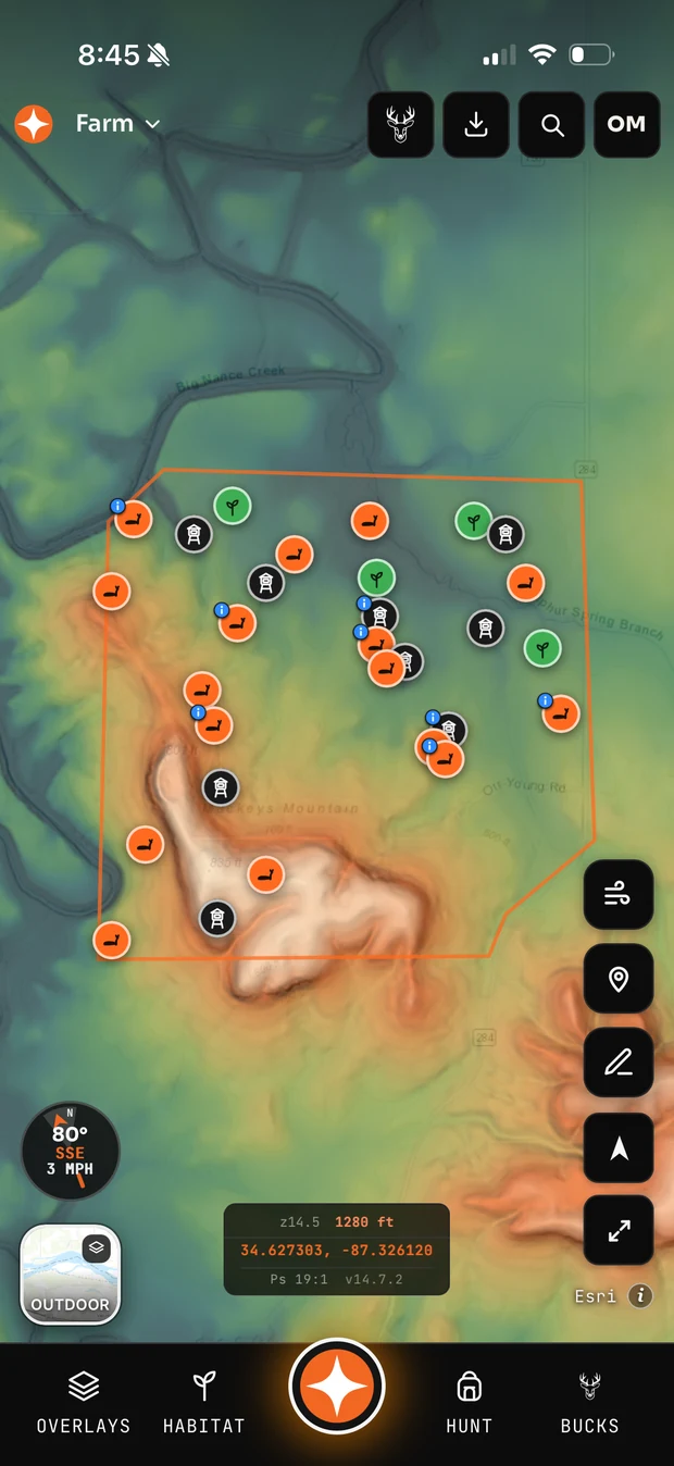 Terrain Heat elevation shading over a hunting property in Contors