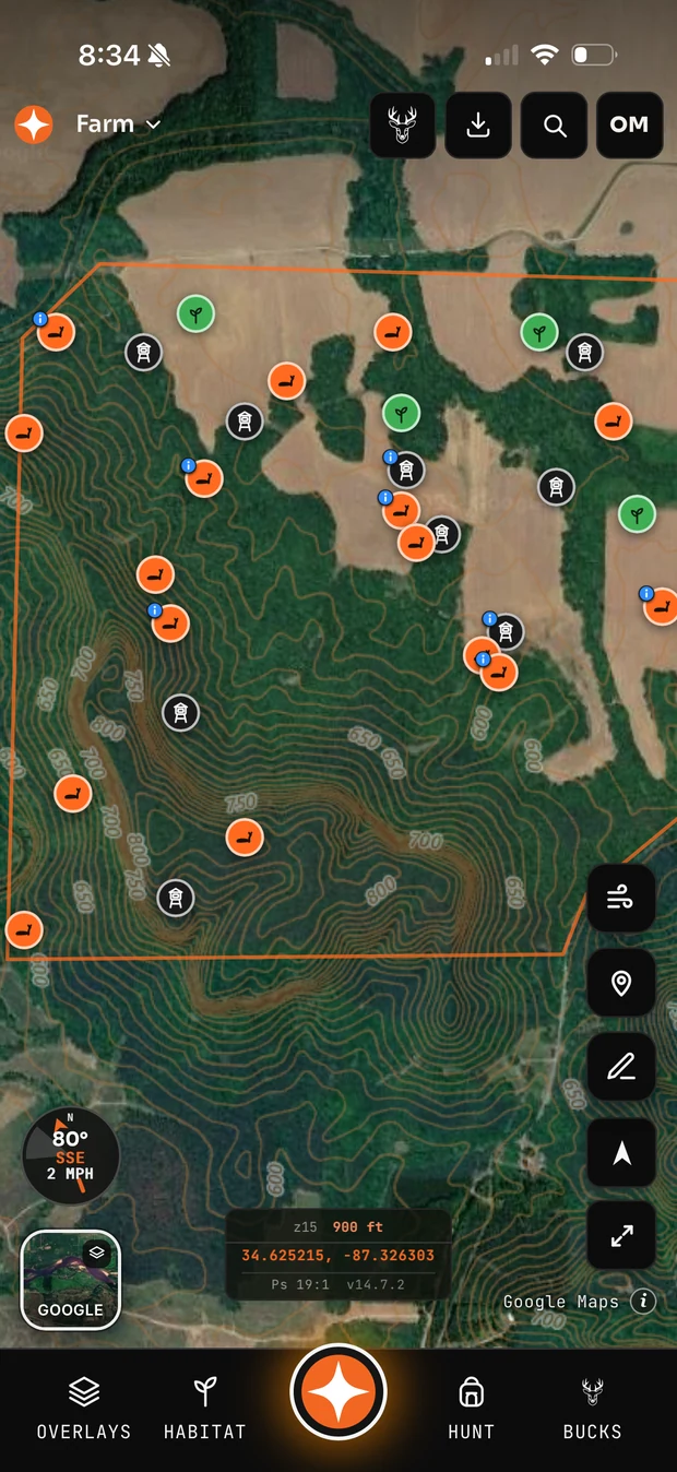 Contour lines over satellite imagery on a mapped hunting property in Contors