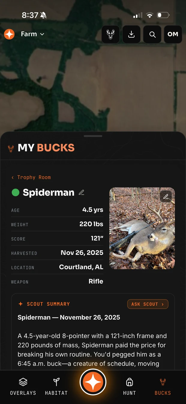 A harvested buck in the Contors Trophy Room with age, weight, score, date, location and weapon
