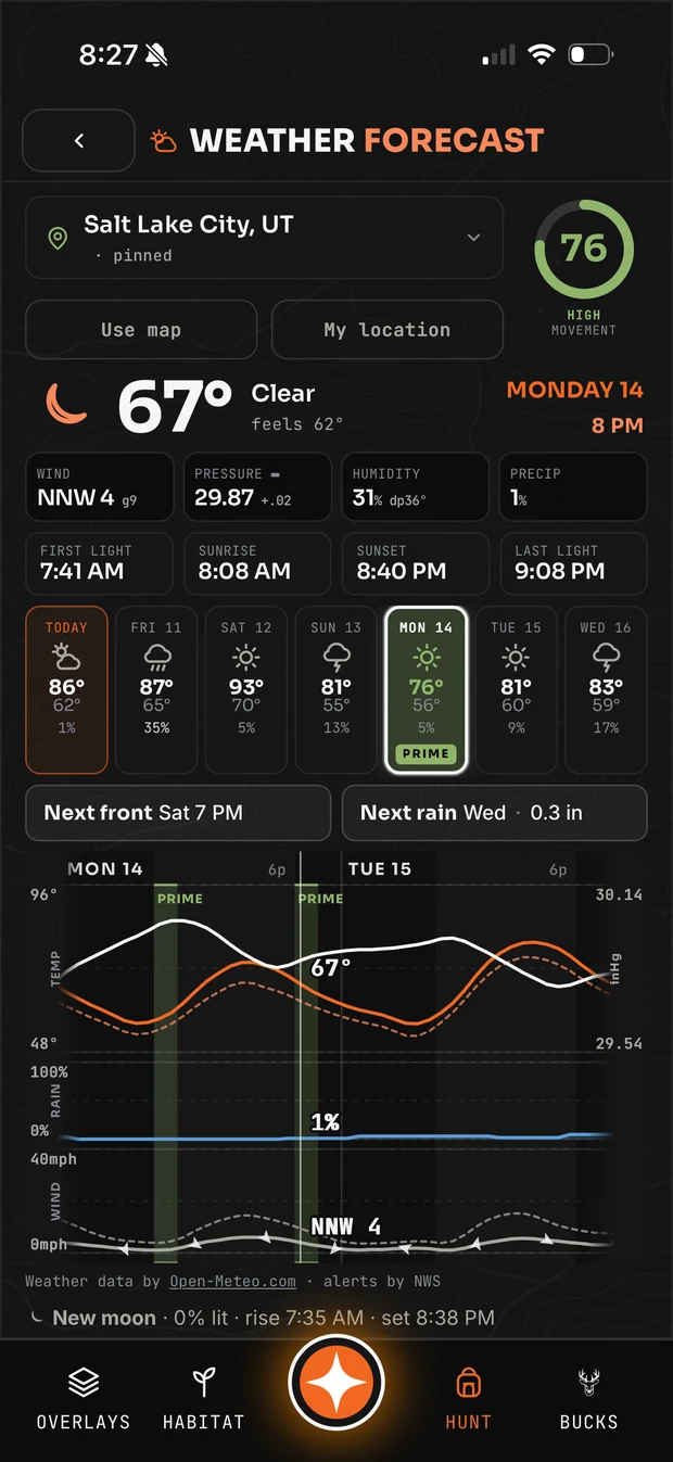 The Contors weather screen with movement rating, pressure trend and prime windows